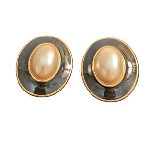 Vintage 80s Black Enamel Faux Mabe Pearl Oval Button Pierced Earring
